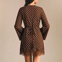 Robe Courte Femme Personnalisée OEM Marron à Pois Manches Longues Col Rond Vintage Ourlet Dentelle Automne Décontractée en Mousseline