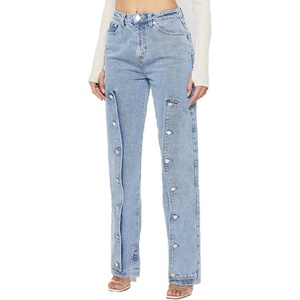 Jean droit bleu moyen personnalisé pour femme, pantalon en denim boutonné style mom - Product Image 3