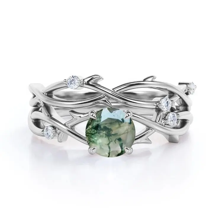 Dainty Natural Gemstone Jewelry 925 Sterling Silver Twig Style Moss Green Agate Engagement Ring Set