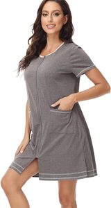 Batas con <span class=keywords><strong>cremallera</strong></span> para mujer, vestido de <span class=keywords><strong>Casa</strong></span> de manga corta, albornoz corto de punto, ropa de dormir con bolsillos - Product Image 4