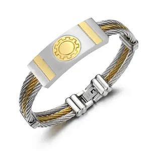 Pulseira de aço inoxidável para homens, pulseira de ouro com três fileiras de aço de titânio