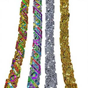 Dentelle en filet métallique en polyester/coton doux, broderie de séquence, strass, toucher lisse, vêtements de mariée, décoration de lehenga, export en vrac - Product Image 1