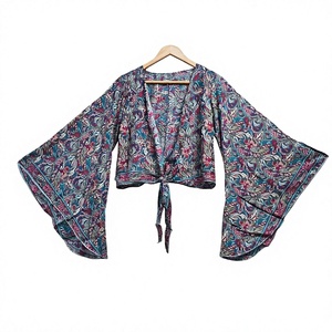 Chemisier ample à manches kimono en mousseline de soie pour femme, imprimé cachemire, à nouer, court, style bohème, pour le printemps et l'été, tenue décontractée - Product Image 4