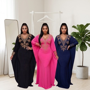 Abito Kaftano da Donna Plus Size con Scollo a V Profondo e Strass, Tinta Unita, Stile Arabo Musulmano del Medio Oriente, Dubai, <span class=keywords><strong>Marocco</strong></span>, <span class=keywords><strong>Africa</strong></span> - Product Image 3