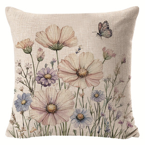 Funda de Almohada Cuadrada de Lino con Diseño de Mariposas y Flores Primaverales, 45x45cm, Transpirable, Decorativa para Sala de Estar y Sofá - Product Image 5