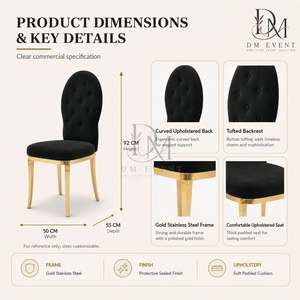 Chaise de réception de mariage ovale haute à dossier capitonné en acier inoxydable doré avec revêtement noir pour salles de banquet – Vente en gros de sièges - Product Image 4