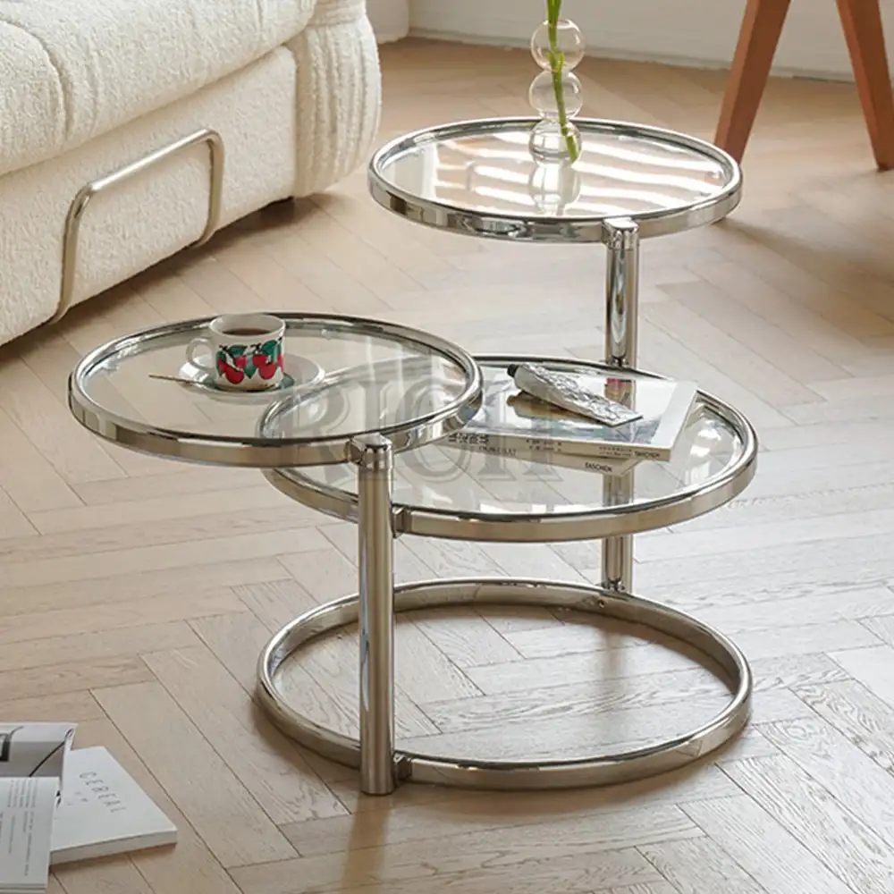 4 camada superior de vidro mesa de centro para sala mesas de café base de metal em aço inoxidável rotativa giratória de vidro mesa de café redonda