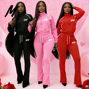 2026 Valentinstag Damen Baumwoll-Reißverschlussjacke und Schlaghosen-Set mit individuellem Logo, rosa Zweiteiler Damenbekleidung - Product Image 1