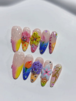 Uñas Acrílicas Postizas Hechas a Mano con Flores 3D Coloridas, Uñas Almendradas con Degradado Arcoíris, Decoración con Anillos Metálicos y Dijes de Diamantes de Imitación