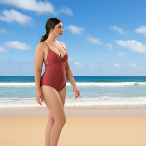 Costume da bagno intero HDJ Plus Size con controllo pancia, scollo a V profondo, rosso vino BZ77069 - Product Image 2