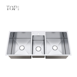 Lavello Triplo in Acciaio Inox 304 Rinforzato a Due Fori per Cucina Commerciale, Uso Ristorante, Fatto a Mano - Product Image 1