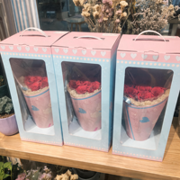Boîte cadeau en papier rose personnalisée pour la Saint-Valentin avec poignée et fenêtre transparente, boîte d'emballage pour bouquet de fleurs