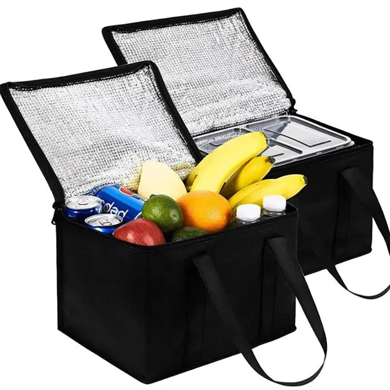 Entrega personalizada isolou o saco térmico com logotipo preto luxo reutilizável sacos isolados para a mercearia da bebida do fruto