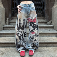 Pantalon long ample et délavé style vintage avec imprimé personnage anime American High Street, coupe courbée en denim tendance