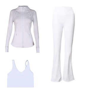 Ensemble de sport trois pièces pour femmes, pantalon évasé, veste, soutien-gorge dos en U, sensation de nu, course à pied, yoga, spandex - Product Image 5