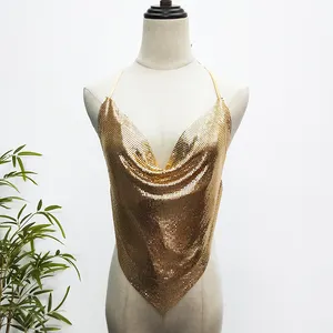 Top con espalda descubierta para mujer, dorado, ostentoso, brillante, malla de lentejuelas de aluminio metalizado, Crop Top