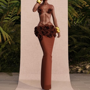 Moda <span class=keywords><strong>donna</strong></span> fiori <span class=keywords><strong>marroni</strong></span> due pezzi fasciatura Maxi gonna Set fiori 3D Top corto con gonna lunga abito da Cocktail Party - Product Image 1