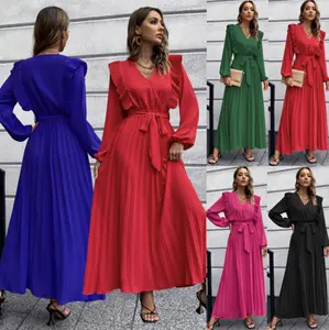 Popular design 2022 fall women clothes solid color long sleeve girls' maxi dresses womens pleated lady elegant dresses