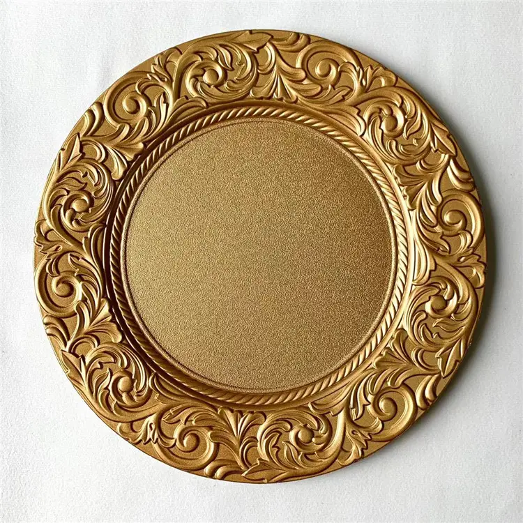 Оптовая продажа, роскошное Европейское Золотое пластиковое зарядное устройство, круглая тарелка для мероприятий, обеденный стол, свадебное украшение
