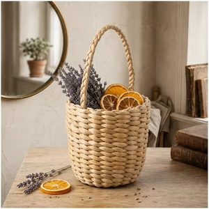 Cesta de Almacenamiento Tejida de Jacinto de Agua Natural con Asa Trenzada, Contenedor Organizador Decorativo para Frutas, Flores y Almacenamiento de Picnic - Product Image 4