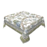 Nappe carrée en polyester motif floral chinoiserie printanière 54 pouces, motif oiseaux et arbres, vert sauge et bleu, lavable, pour intérieur et extérieur