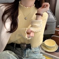 Haut en maille côtelée pour femme, col montant à volants, en peluche, coupe ajustée, style Y2K, streetwear, décontracté, pour le quotidien
