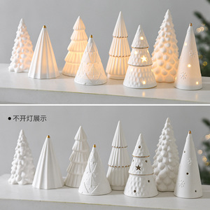 LINGKAI <b>LED</b> <b>Lighted</b> Ceramic Christmas Tree Figurine White Porcelain Table Decor Gold Trim Holiday Indoor Xmas Ornament Gift - Product Image 3