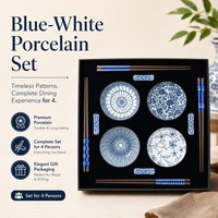 Ensemble cadeau de vaisselle et baguettes en porcelaine bleue et blanche pour 4 personnes, vaisselle japonaise, boîte cadeau, vente en gros, personnalisable