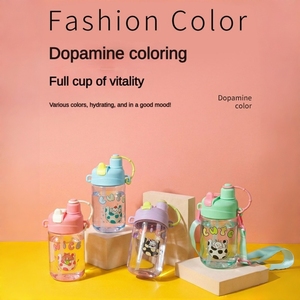 Botella de Agua Transparente de Plástico para Niños con Pajita, Diseño de Dibujos Animados, Taza Deportiva Portátil para Niños de Preescolar y Escolares - Product Image 1