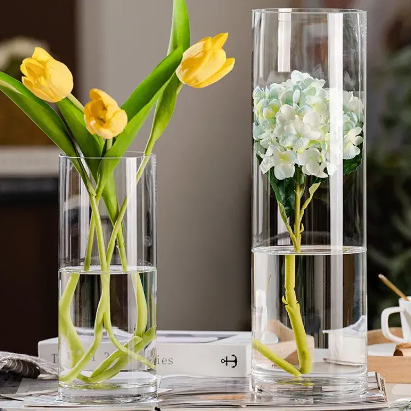 Vente en gros Acrylique recyclé bon marché pour décoration de plante, fleur, centre de table de luxe, vase cylindrique en verre floral pour décoration de mariage