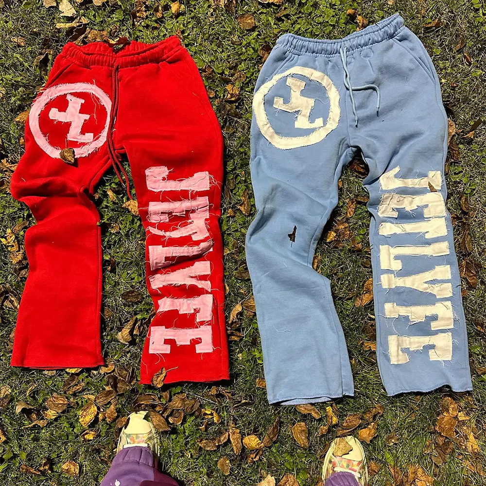 Custom pants   trousers Applique Graphic Embroidered Patches Stacked Flare Sweatpants Acid Wash Jogger Flared men's pants