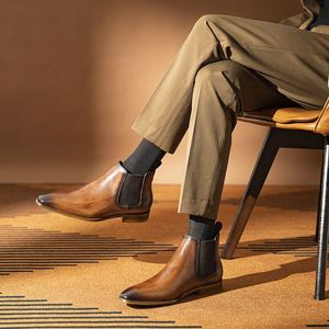 Bottes Chelsea en cuir véritable pour homme, légères et respirantes, fabriquées à la main, design carré à la cheville, durables, en cuir de vachette pur, collection automne, style décontracté - Product Image 1