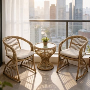 Conjunto de Muebles de Jardín para Balcón, Patio o Terraza, 3 Piezas, Mesa y Sillas de Mimbre Sintético Tejido a Mano, Resistentes a la Intemperie, con Cojines - Product Image 5
