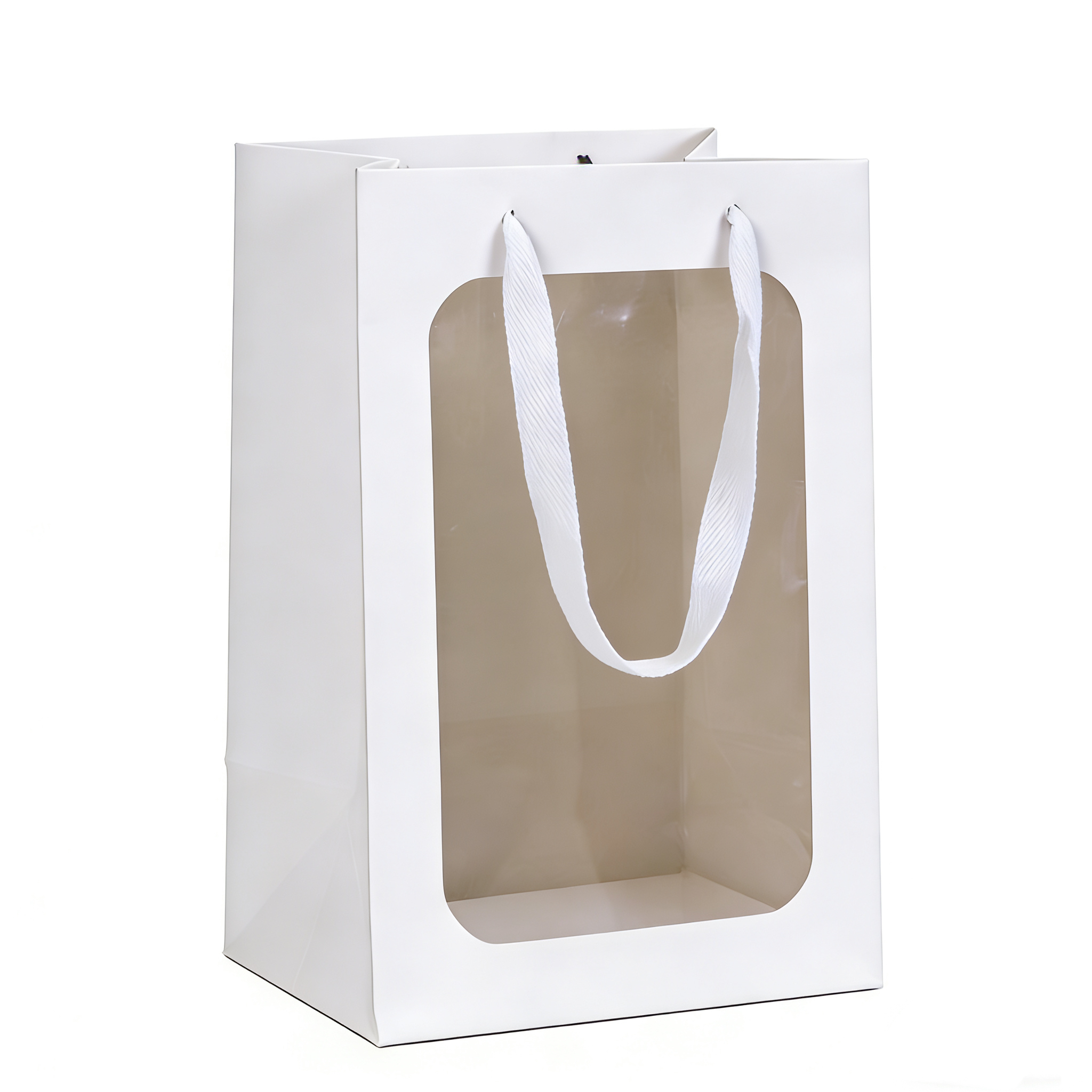 Custom Printed Logo Plastic Window Portable Paper Bags with Handles Gift Bags with Window Cutouts Transparent White Handbags