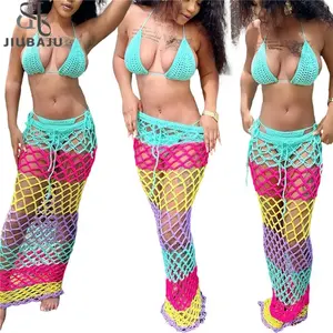 Colorful Knit Crochet Bikini Set with Drawstring See Through Maxi Skirt 3 Piece Sets 2024 Summer Holiday Beach Outfits