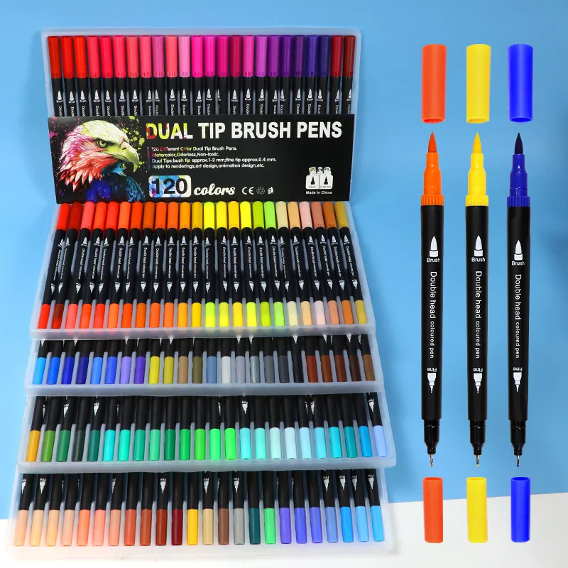 قلم تلوين مائي برأس طلقات لينة يحتوي على 120 لونًا قلم بفرشاة مزدوجة قلم تلوين دائم من اللوازم الفنية للمدرسة للرسم الفني