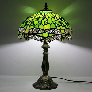 LongHuiJing for Style 12Inch Dome Flexible Living Room Bedroom Table Lamp Green Dragonfly Stained Glass Lampshade Zinc Alloy - Product Image 1