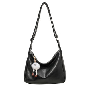 Black PU Leather Vintage <b>Tassel</b> Slouchy Shoulder Crossbody Bag with Zipper Closure Solid Color <b>for</b> Daily Travel - Product Image 1