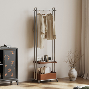 Movable Coat <b>Rack</b> With <b>Shelf</b> And Basket Minimalist Standing Clothes Organizer For Bedroom Home Use Wheeled Design - Product Image 1