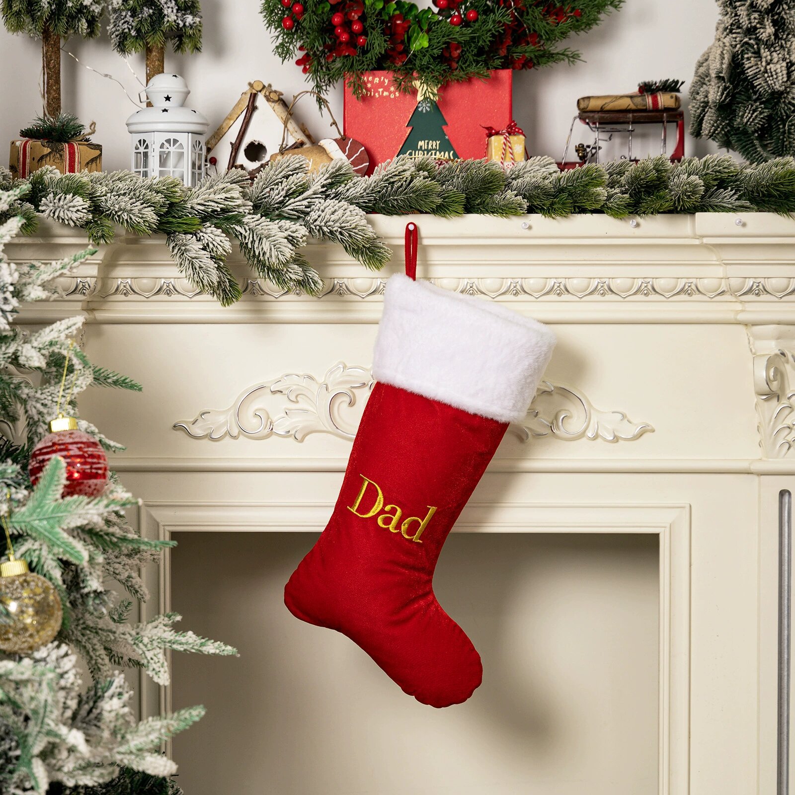 Gold velvet red christmas stocking letter dad