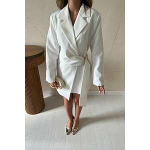 Eco <b>White</b> Sheath <b>Jacket</b> <b>Dress</b> With Turn Down Collar Natural Waistline Woven Fabric Comfortable Career Wear - Product Image 2