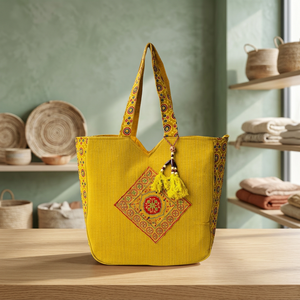 Yellow Bohemian Embroidered Canvas Tote <b>Bag</b> With Tassel Decor Large Capacity Handmade <b>Storage</b> <b>Bag</b> - Product Image 2