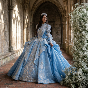 Robes de mariée modernes bleues pour Quinceañera, longues jusqu'au sol, à manches longues, décolleté cœur, dos nu, traîne chapelle, fleurs Azul - Product Image 1