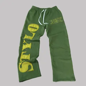 Custom 100% Katoenen Stof Flare Track Jogger Print Fleece Heren Joggingbroek Gestapeld Joggingbroek