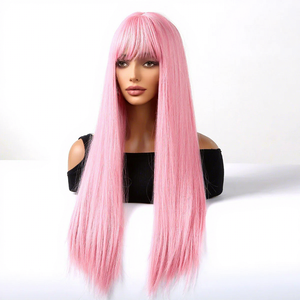 Parrucca Rosa Chiaro con Frangia Dritta, Realizzata a Macchina, <span class=keywords><strong>Capelli</strong></span> Umani <span class=keywords><strong>Veri</strong></span> - Product Image 3