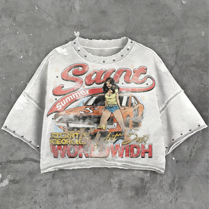 T-shirt Vintage in Cotone 100% con Logo Personalizzato, Nuovo Stile, Taglio Corto, Grafica con Strass, Manica Corta per Uomo - Product Image 1