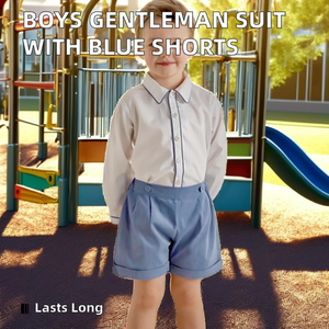 Costume de gentleman pour garçons ensemble de vêtements de boutique pour enfants chemise à revers à manches longues <span class=keywords><strong>pantalon</strong></span> court bleu tenues pour bébé garçon pour la fête d'anniversaire - Product Image 2