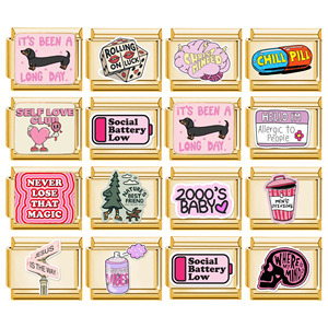 Bracelet à breloques italiennes colorées, série Slang, maillons en acier inoxydable, lettres de dessin animé en or 18 carats, mots roses, <span class=keywords><strong>breloque</strong></span> italienne - Product Image 1