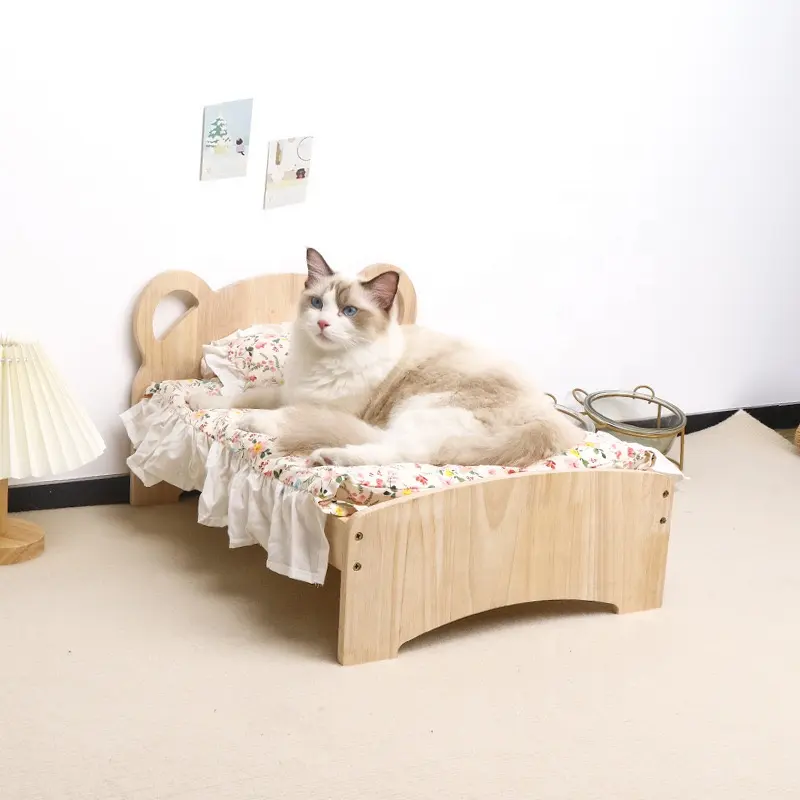高品質で快適な2レベルのクッション付きベッド木製ペットベッドダブル無垢材犬猫ベッド
