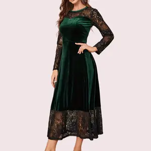 Elegant Patchwork Lace Dress Long Sleeves Round Neck Slim Long Women's Dress For Parties